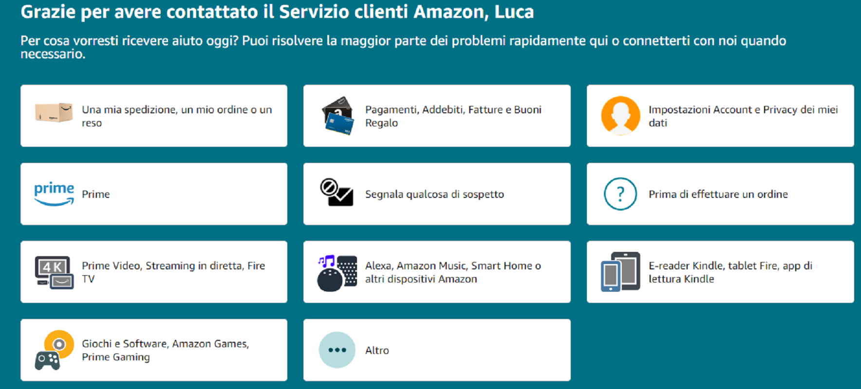 come contattare assistenza servizio amazon