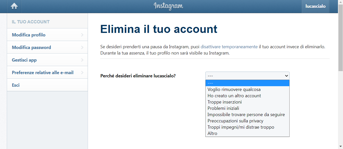 come eliminare account instagram in modo veloce