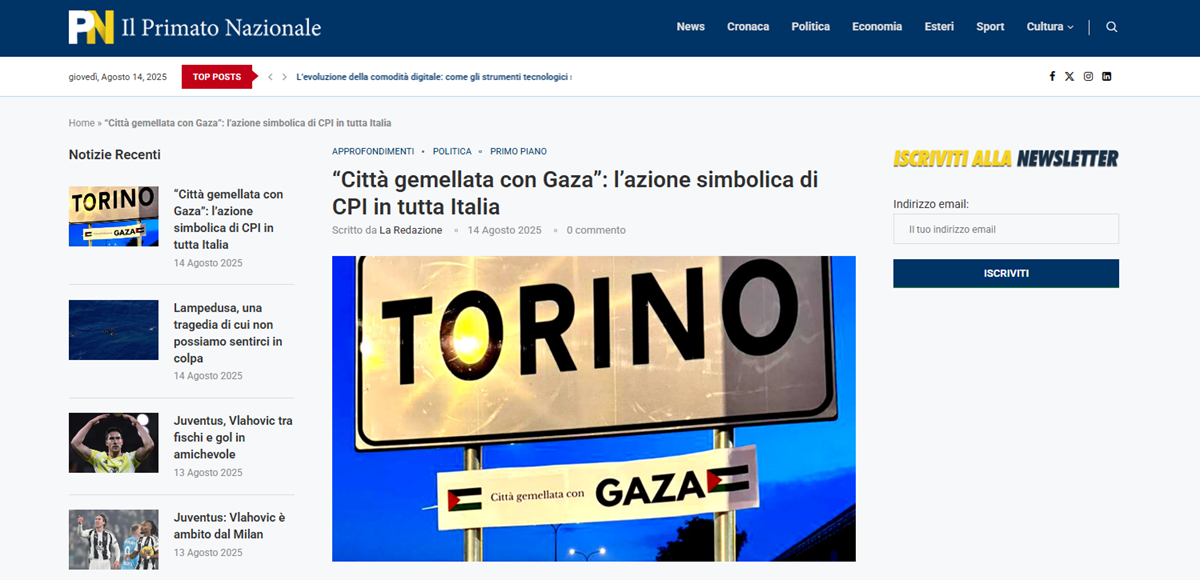 ‘Città gemellata con Gaza’: iniziativa di Casapound in varie città